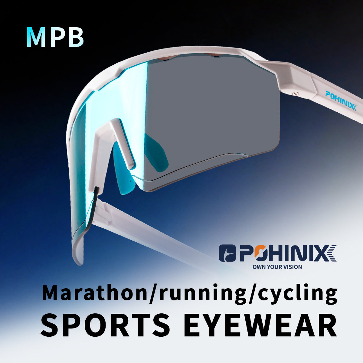 Sports sunglasses with mirrored gray lens, white frame and blue accent arms
