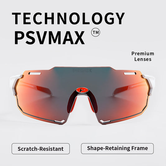 Shield sports sunglasses with orange accents and tinted wraparound lens