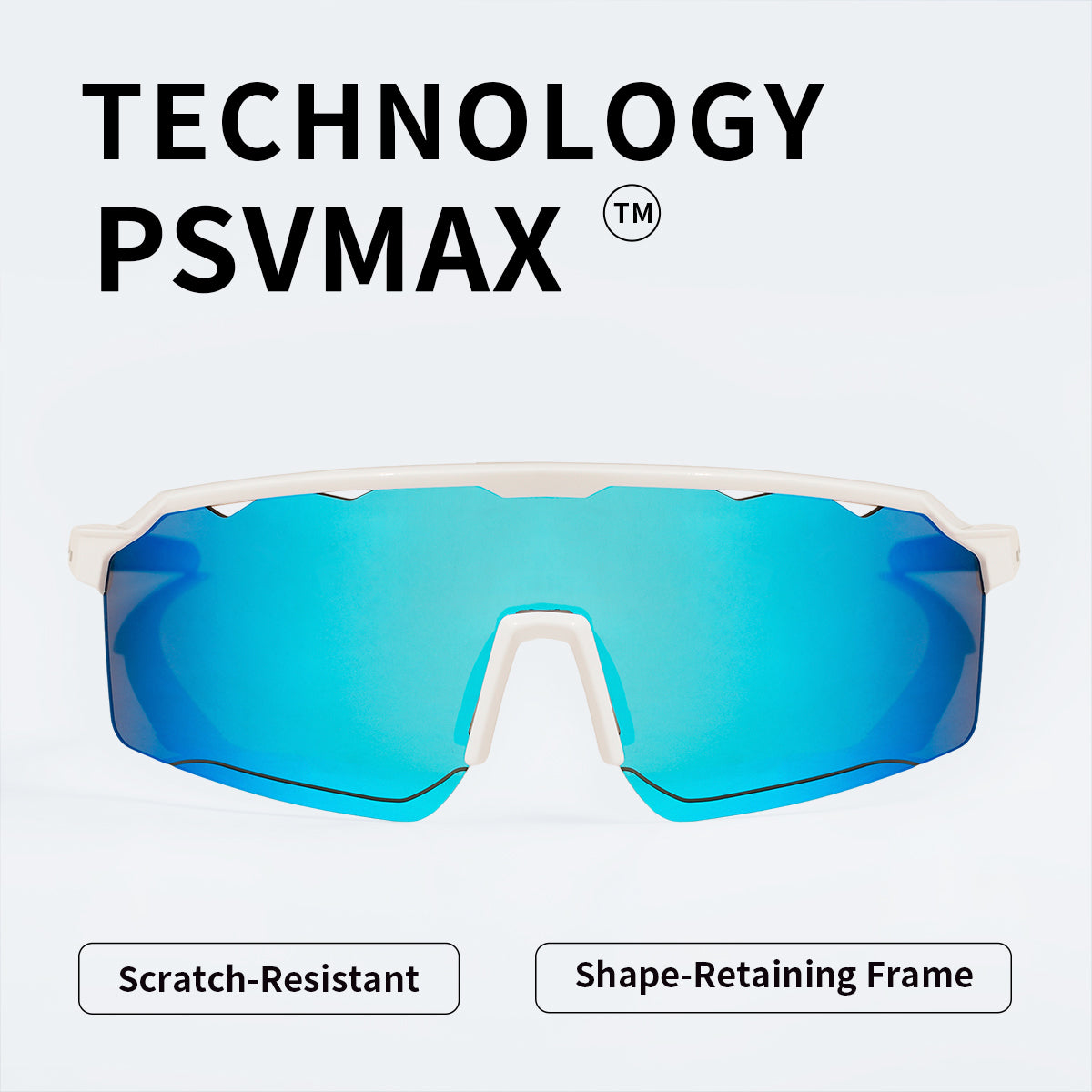 Sports sunglasses with blue mirrored lens and white frame, curved wrap design