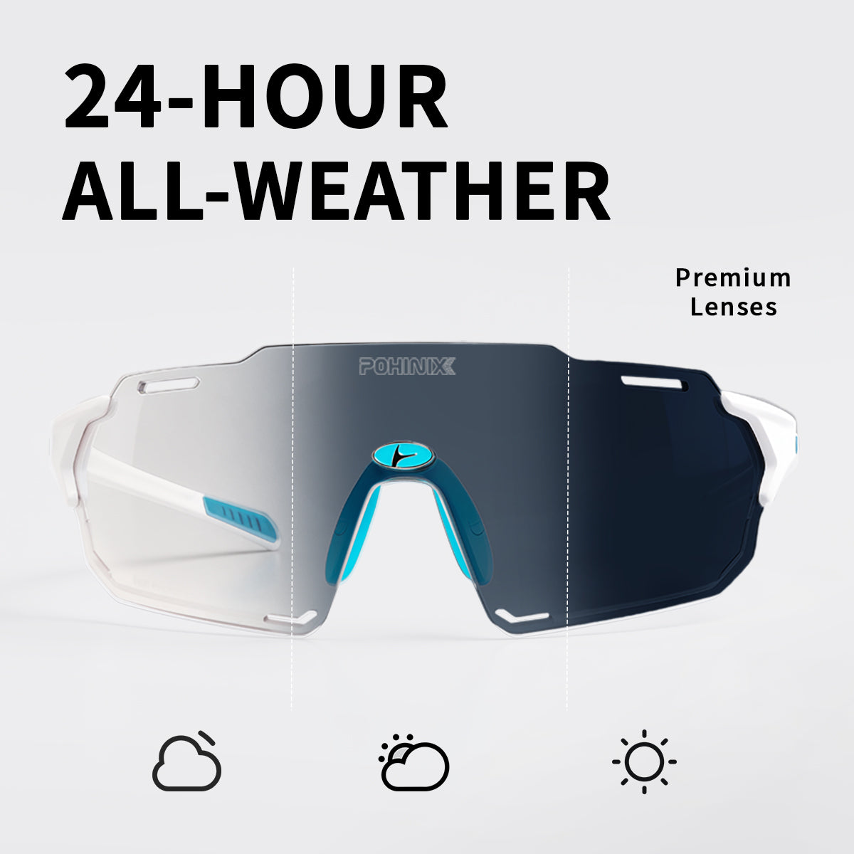 Wraparound sports sunglasses with clear-to-dark blue tinted lenses and white frame