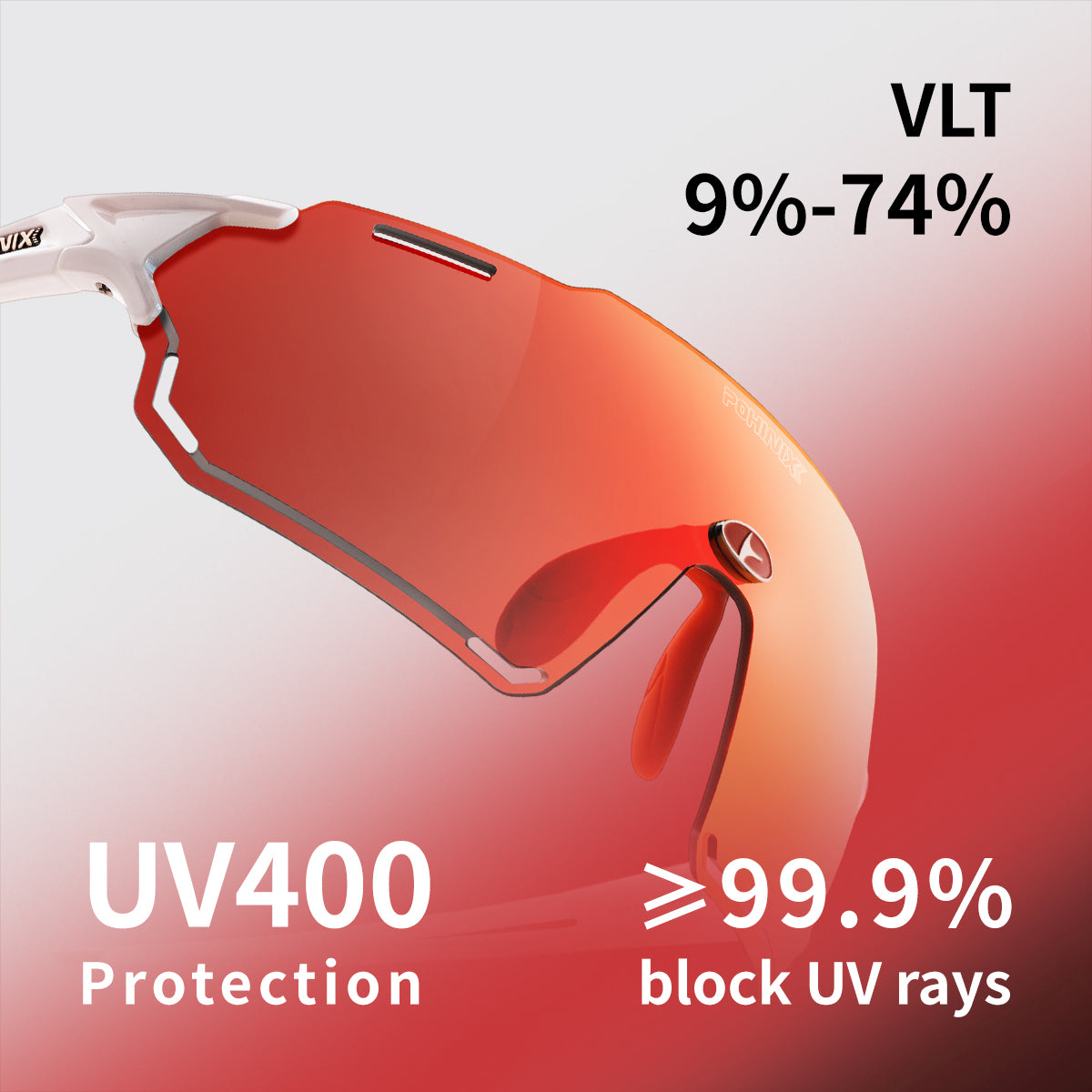 Sports sunglasses with orange-tinted wraparound lens and red frame details