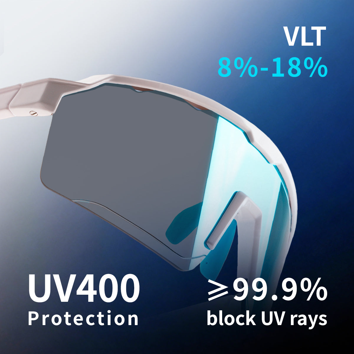 Sports sunglasses with gray lens, white frame and blue accents; UV400 protection