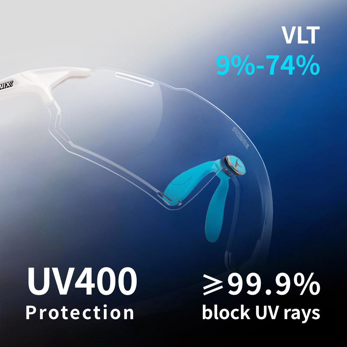 Sports sunglasses with blue wraparound shield lens and dark frame bridge