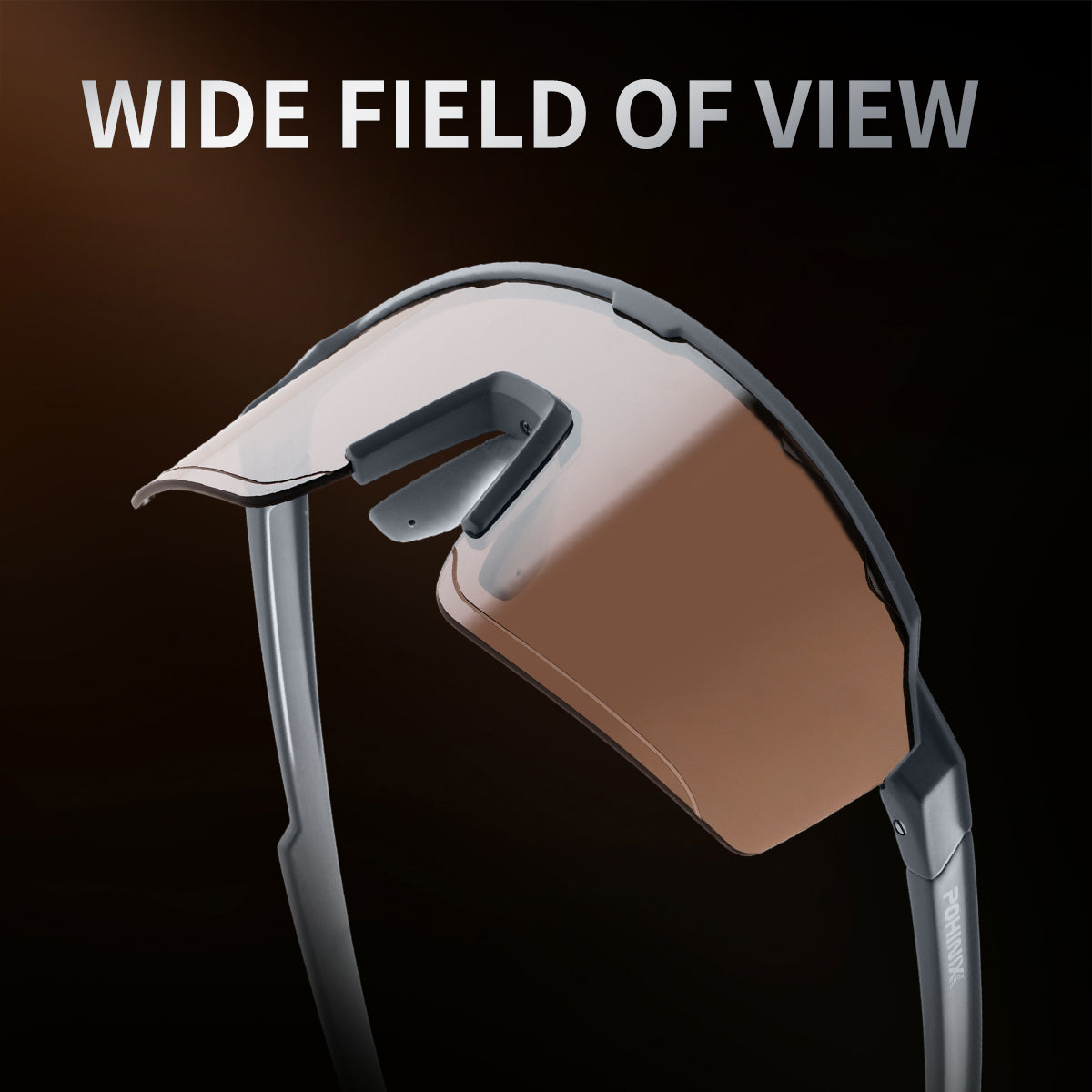 Sports sunglasses with dark lens and light gray wraparound frame, sleek design