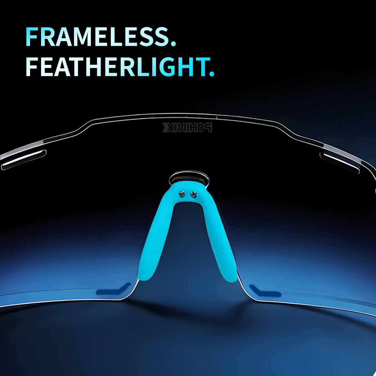 Wraparound sports sunglasses with blue lens and frameless-style bridge support