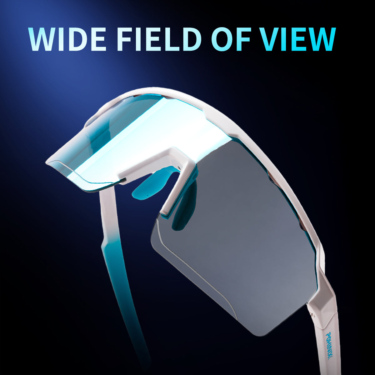 White and blue wraparound sports sunglasses with wide field of view lens