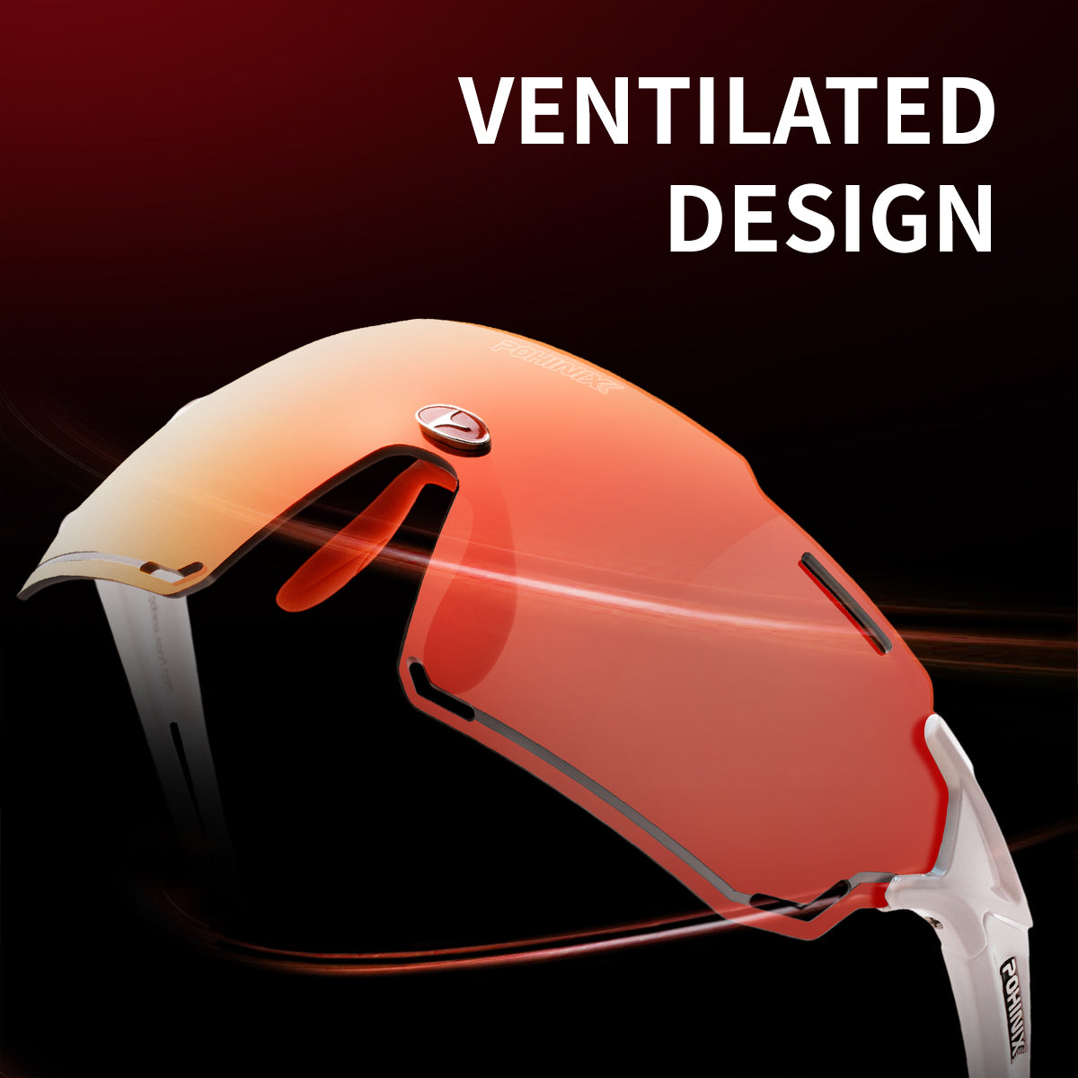Sports sunglasses with vented curved top cover and orange-tinted shield lens