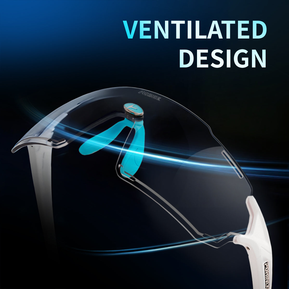 Ventilated sports safety glasses with dark frame, white side arms, and blue lens
