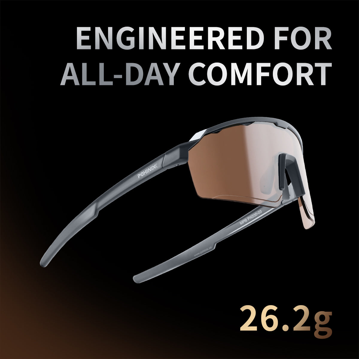 Lightweight sports sunglasses with tinted lens, light gray frame and temple arms (26.2g)