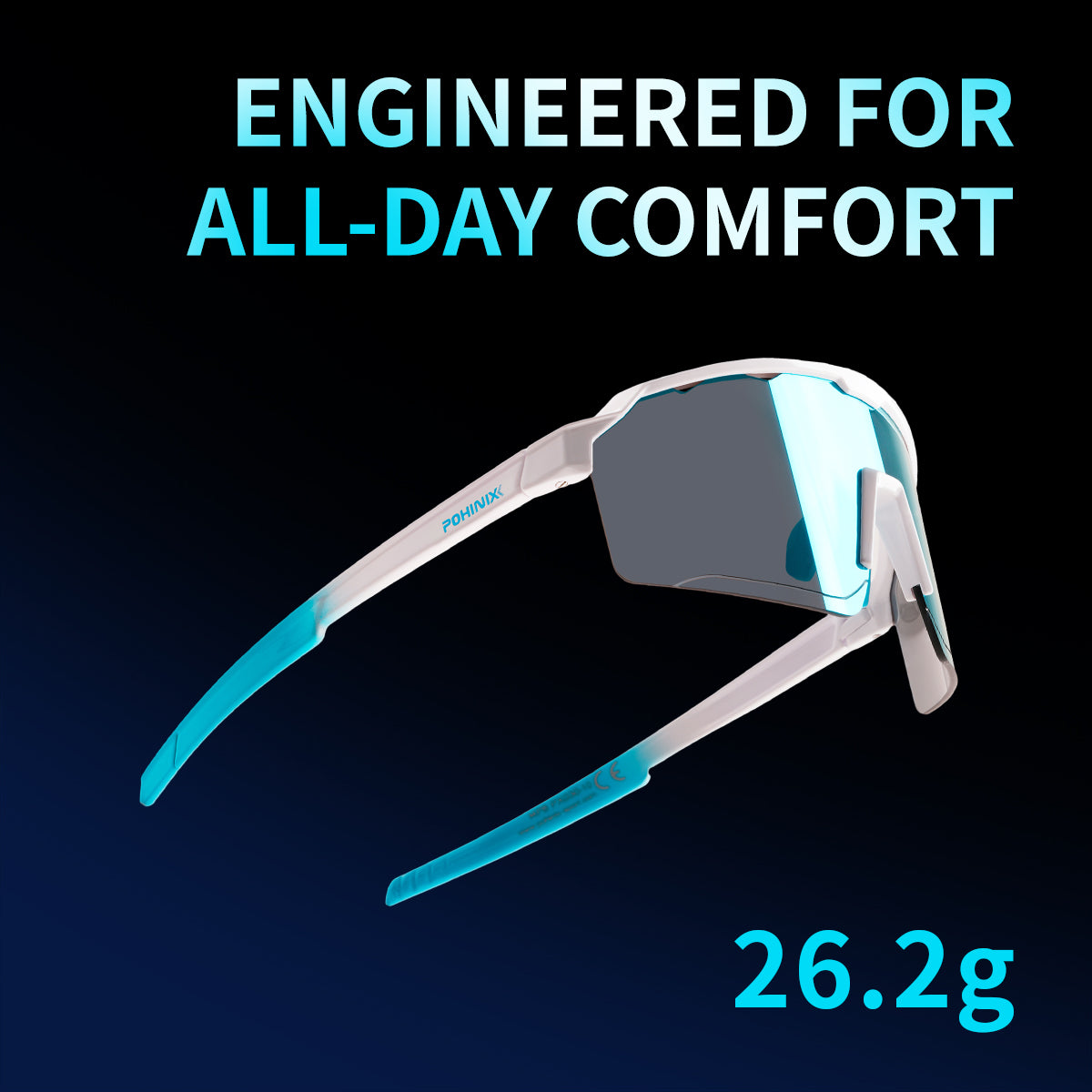 Lightweight sports sunglasses with dark gray lens, white frame and blue arms (26.2g)