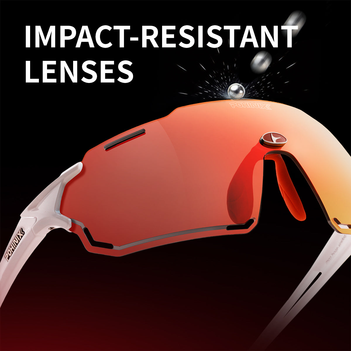 Impact-resistant sports sunglasses with orange-tinted wraparound lens and white frame