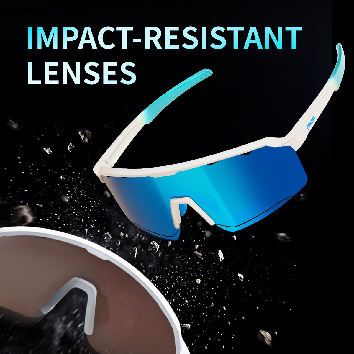 Impact-resistant sports sunglasses with blue-tinted lens and white wrap frame