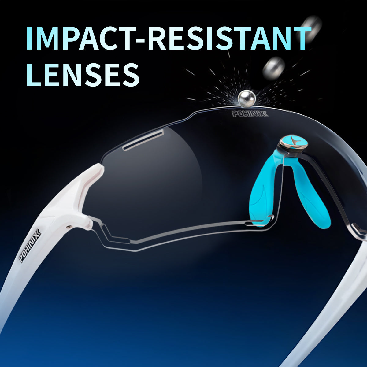 Impact-resistant sports safety glasses with dark frame, white arms, and clear blue lens