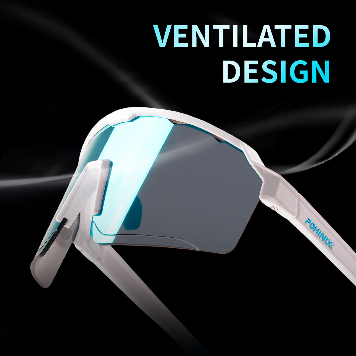 Sports sunglasses with white frame and dark gray lens, vented bridge design view