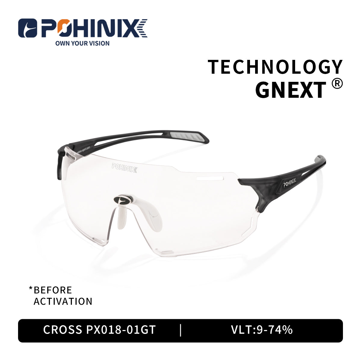 Sport sunglasses with black frame and clear lens with tinted gray visor effect