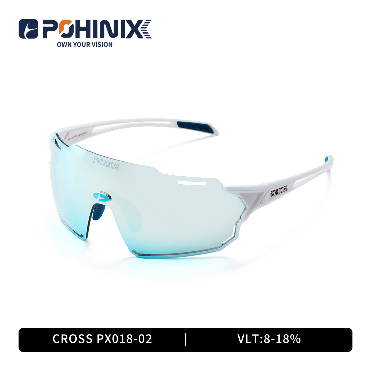 Sport sunglasses with white frame and light blue tinted mirrored lens
