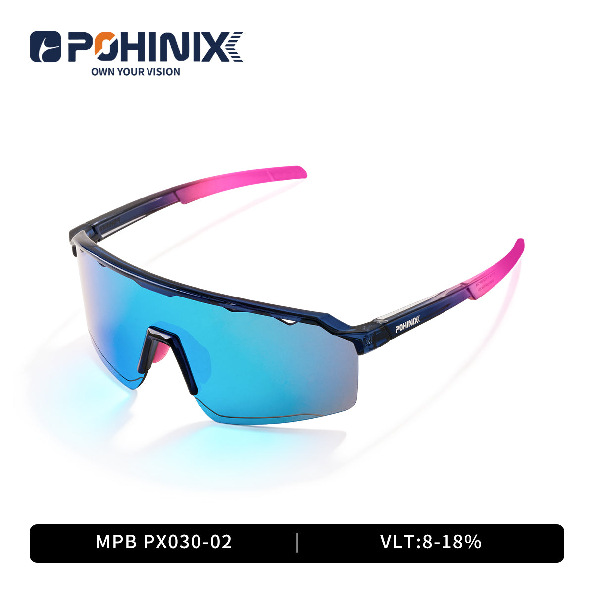 MPB sunglasses with dark blue frames, pink accents, and blue reflective lenses