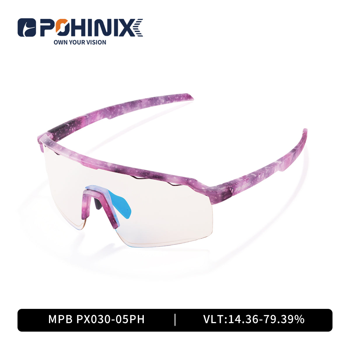 MPB sunglasses with purple speckled frames and clear lenses