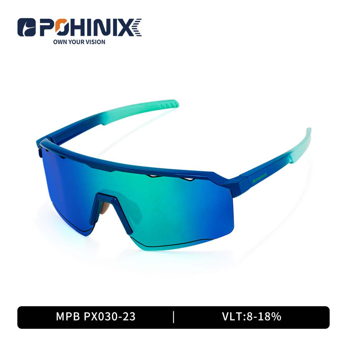 Sports sunglasses with blue frame and teal mirrored lenses