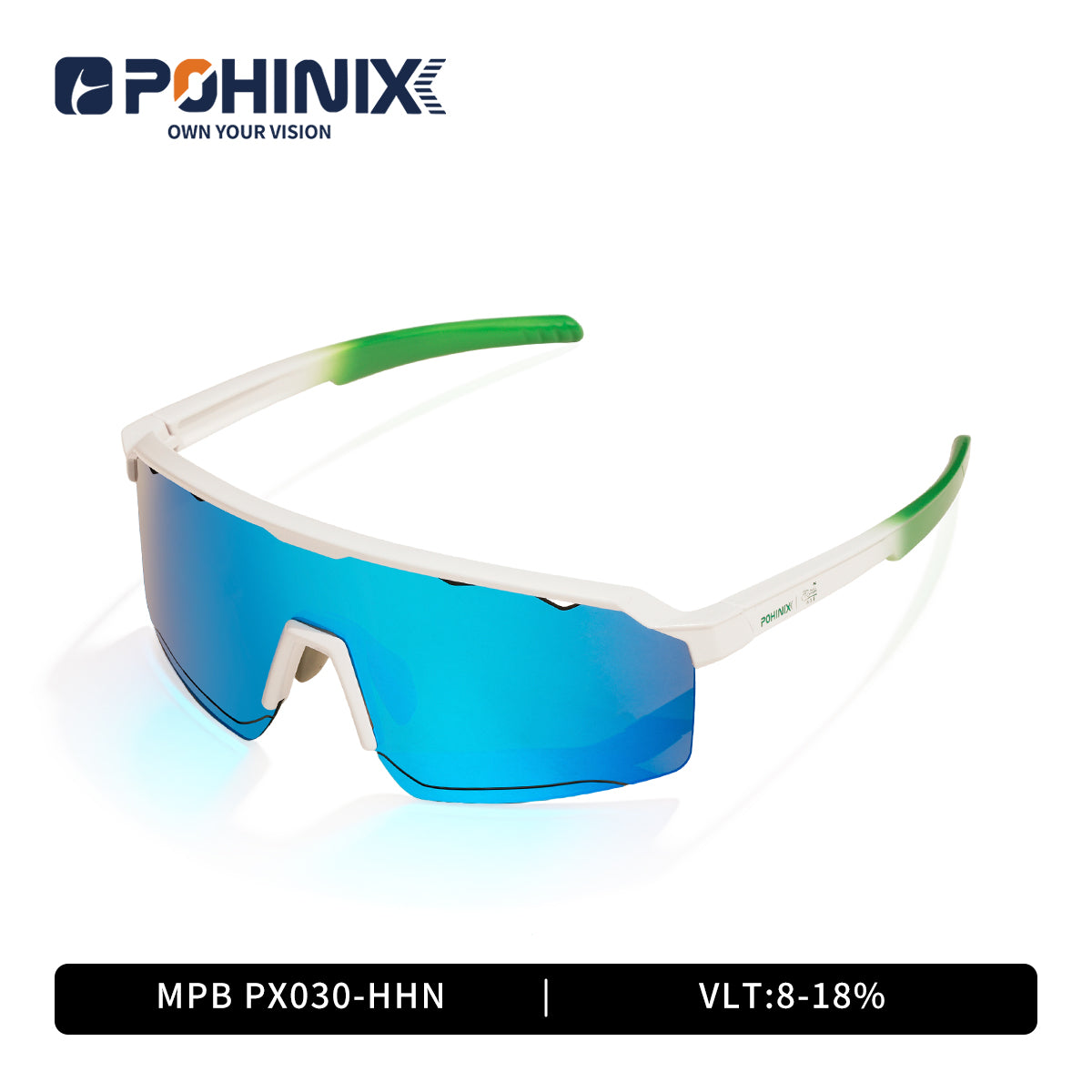 Sports sunglasses with white frame, blue lenses, green accents
