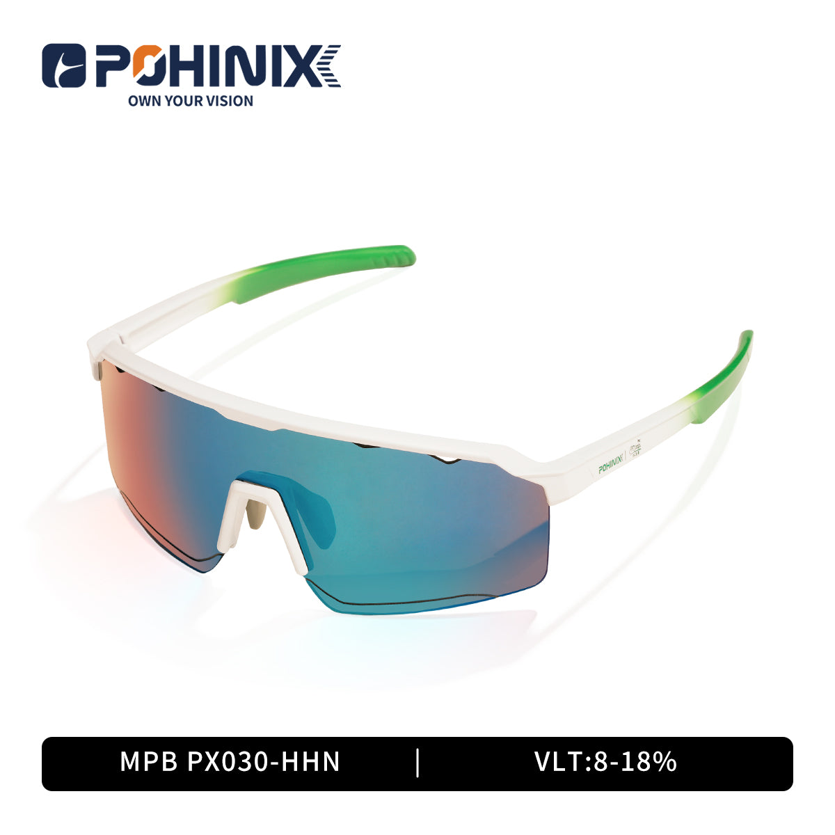 Sports sunglasses with white frame, green accents, orange mirror lenses