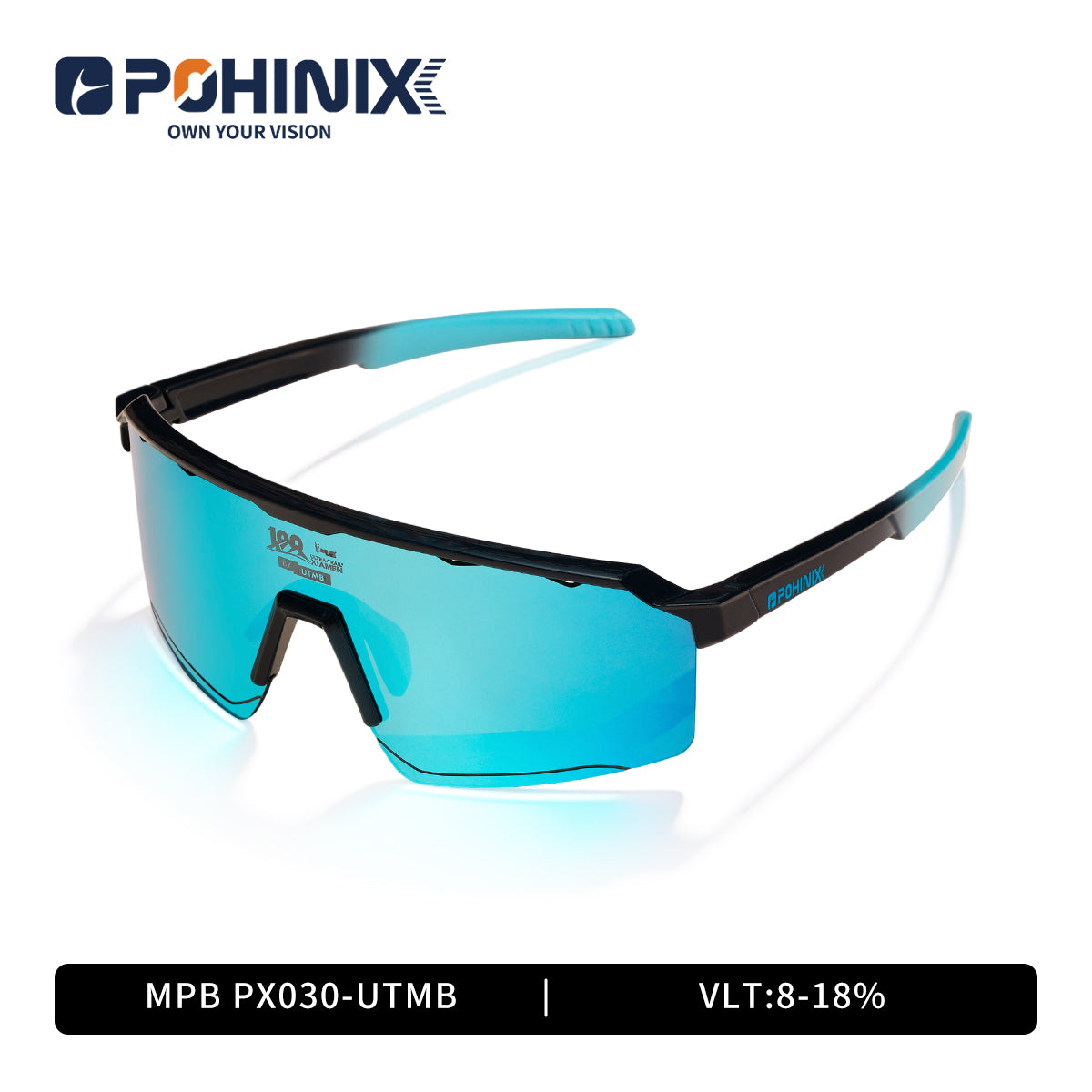 Sports sunglasses with black frame and blue mirrored lenses