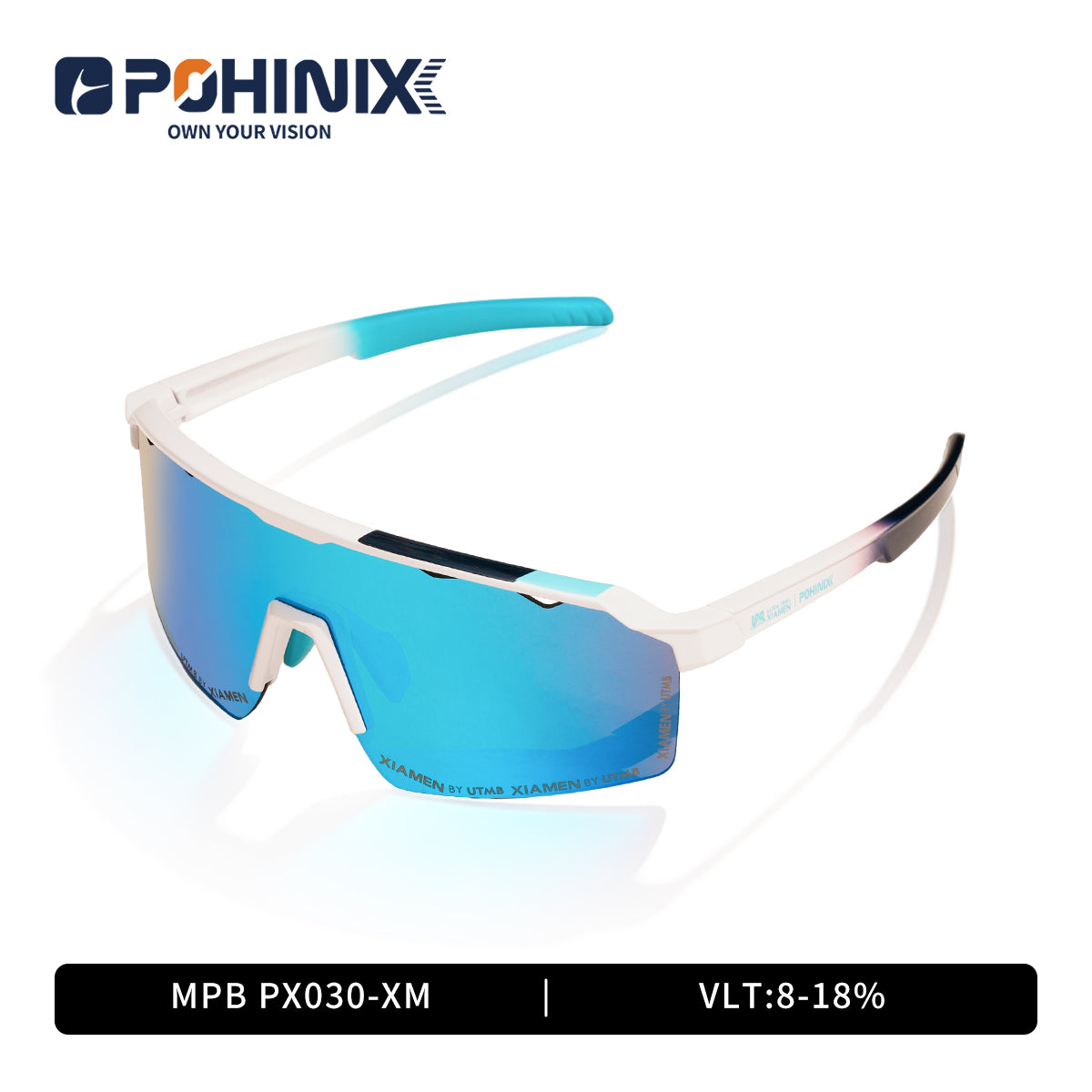 Sports sunglasses with white frame and turquoise arms, blue mirrored lenses